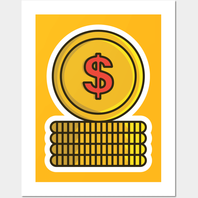 Gold Coins Sticker vector illustration. Financial and business icon concept. Dollar coin. Coin with dollar sign. Money symbol. American currency sticker design logo. Wall Art by AlviStudio